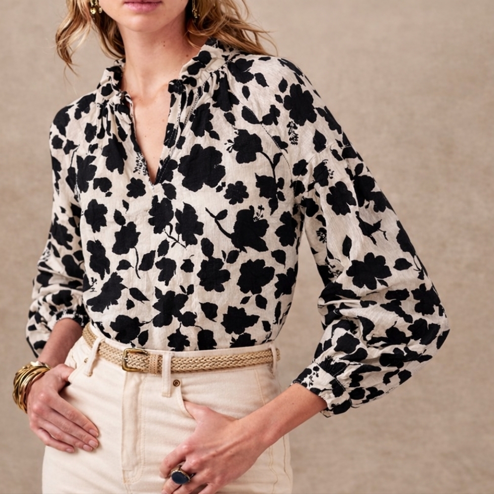 A Shirt Thing Ruffle Blouse Black White Summer Long Sleeve Top Cotton Tunic Chic